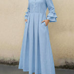 Women's Ruffled Sleeve Linen And Cotton Long Dress