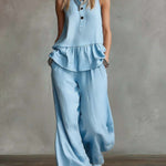 Women's Round Neck Sleeveless Casual Loose Cotton Top And High Waist Casual Loose Wide Leg Pants Set