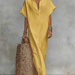 Women's Solid Color Collared Short-sleeved Casual Loose Linen Dress