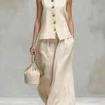 Comfortable And Casual V-neck Sleeveless Button-down Top And Trousers Set