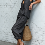 Minimalist Collared Shirt And Wide-leg Pant Linen Two-piece Set