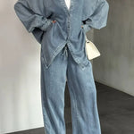 Women's Solid Color Loose Lapel Buttoned Cardigan Pants Denim Suits