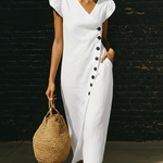 Elegant V-neck Button-up Linen Midi Dress