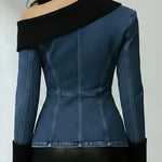 Women's One-shoulder Neckline Long-sleeved Casual Loose Denim Patchwork Top