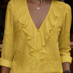 Vintage ruffled V-neck shirt with embroidered flowers
