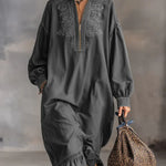 Women's Stand Collar Long Sleeve Casual Loose Ruffled Cotton Dress