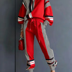 Women's Color Block Long Sleeve Casual Loose Hooded Sweatshirt And Elastic Waist Casual Pants Set