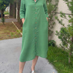 Women's Solid Color Shirt Collar 3/4 Sleeve Casual Loose Cotton And Linen Dress