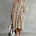 Long-sleeved Linen And Cotton Dress With Printed Cuffs And V-neck.