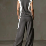 Women's Stand-collar Sleeveless Loose-fitting Cotton Top And Elastic-waist Loose Wide-leg Cotton Pants Set.