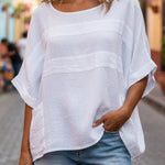 Women's Solid Color Round Neck 3/4 Sleeve Casual Loose Linen Top
