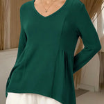Women's Solid Color V-neck Long-sleeved Casual Loose-fitting Top With Irregular Hem.