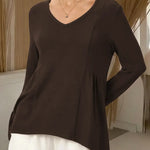Women's Solid Color V-neck Long-sleeved Casual Loose-fitting Top With Irregular Hem.