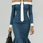 Women's Off-the-shoulder Long-sleeved Casual Loose Denim Slim-fit Dress