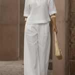 Women's Casual Linen And Cotton Shirt And Wide-leg Pants Two-piece Set