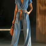 Women's Casual Stylish Lapel Short Sleeve Denim Jumpsuit