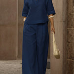 Women's Casual Linen And Cotton Shirt And Wide-leg Pants Two-piece Set