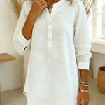 Romantic Floral Embroidered Henley Collar Split Hem Shirt