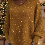 Christmas Sparkling Cozy V-neck Lantern Sleeve Knit Sweater