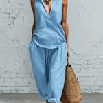 Minimalist Collared Shirt And Wide-leg Pant Linen Two-piece Set