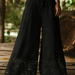 Women's Solid Color High-waisted Drawstring Wide-leg Pants With Cotton And Linen Lace Trim