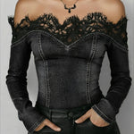 Fashionable Patchwork Lace Denim Top