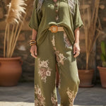 Button-down Top And Printed Wide-leg Trousers Linen Two-piece Set