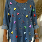 Women's Denim Cotton Top With Three-dimensional Heart Pattern