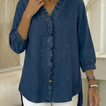 Women's Casual Denim V-Neck Ruffled Shirt