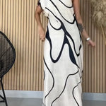 Women's Artistic Print Casual Resort Style One-shoulder Extra-long Cotton And Linen Dress