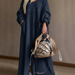 Women's Solid Color Round Neck Long-sleeved Loose-fitting Waffle Knit Casual Dress
