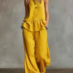 Women's Round Neck Sleeveless Casual Loose Cotton Top And High Waist Casual Loose Wide Leg Pants Set