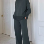 Casual Travel Stand Collar Side Zipper Top Straight Pants Two-Piece Set