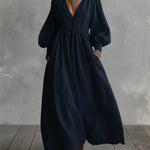Waist-elastic Linen And Cotton Lantern-sleeved Dress