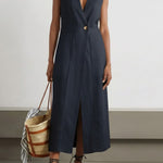 Women's Solid Color V-neck Sleeveless Casual Loose Linen Dress