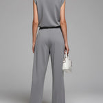 Women's Lapel Sleeveless Casual Loose Top And Elastic Waist Loose Wide-leg Pants Cotton Set