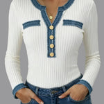 Casual Patchwork Denim Webbing Knit Top