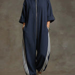 Women's Stand-collar 3/4 Sleeve Casual Loose Hooded Linen Jumpsuit