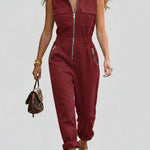 Fashionable And Casual Zippered Sleeveless Cotton Jumpsuit