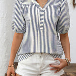 Women's V-neck Puff Sleeve Striped Shirt