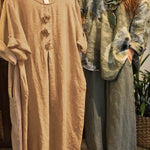 Women's Solid Color Round Neck 3/4 Sleeve Casual Loose Cotton And Linen Dress
