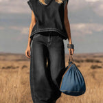 Women's Stand-collar Sleeveless Casual Loose Top And High-waisted Loose Wide-leg Denim Pants Set.