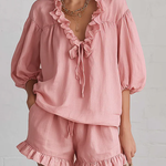 Romantic Ruffled Collar Blouse And Short Suit Set - Comfortable Everyday Wear