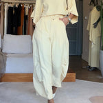 Women's Solid Color Round Neck Three-quarter Sleeve Casual Loose Top And High-waisted Casual Loose Wide-leg Pants Cotton Set.