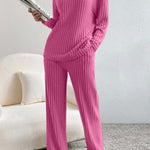Women's Solid Color Casual Straight Leg Pants Loose V-neck Knit Set
