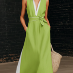 Retro Color-blocked Lapel Maxi Dress With Belt