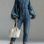 Women's V-neck Long-sleeved Casual Loose Denim Wide-leg Jumpsuit