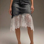 Casual Lace-paneled Denim Skirt