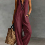 Women's V-neck Sleeveless Casual Loose Cotton And Linen Jumpsuit