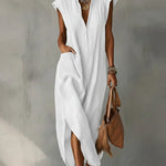 Elegant Ruff Collar Fashion Linen Cotton Midi Dress